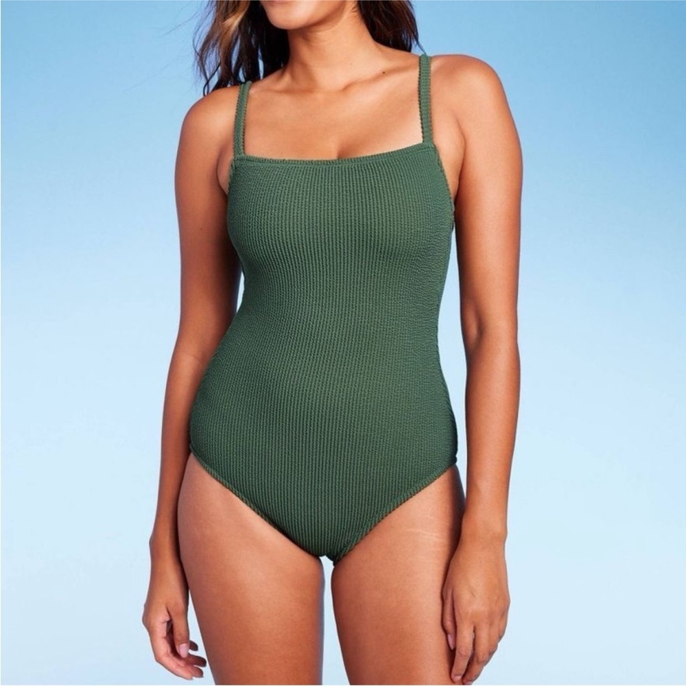 Kona Sol Green Textured Square Neck One Piece Swimsuit Sz L